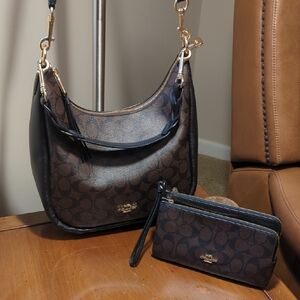 Coach Teri Hobo Bag in Signature Canvas  with Double Zip Matching Wallet